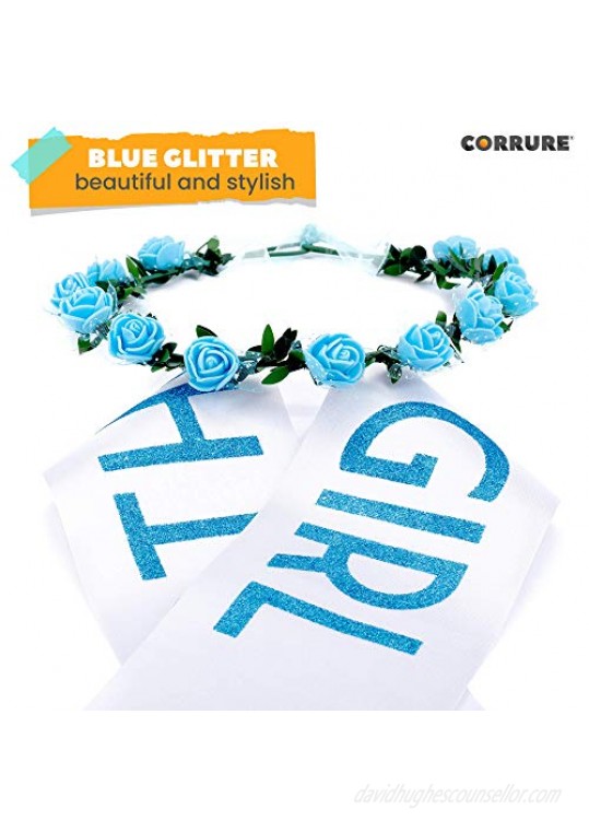 CORRURE 'Birthday Girl' Sash and Tiara - Soft Satin Black with Blue Glitter Birthday Sash for Women with Flower Headband - Ideal Sweet 16 18th 21st 25th 30th 40th or Any Other Bday Party