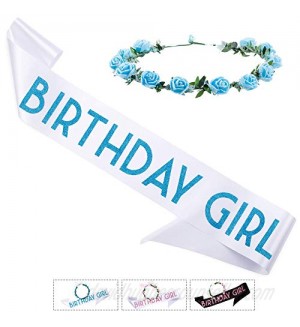 CORRURE 'Birthday Girl' Sash and Tiara - Soft Satin Black with Blue Glitter Birthday Sash for Women with Flower Headband - Ideal Sweet 16  18th 21st 25th 30th 40th or Any Other Bday Party