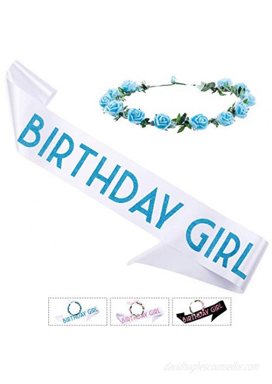 CORRURE 'Birthday Girl' Sash and Tiara - Soft Satin Black with Blue Glitter Birthday Sash for Women with Flower Headband - Ideal Sweet 16 18th 21st 25th 30th 40th or Any Other Bday Party