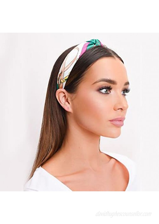 DRESHOW 4 Pack Turban Headbands for Women Hair Vintage Flower Printed Cross Elastic Head Wrap (4 Pack Knot Cloth Wide D)