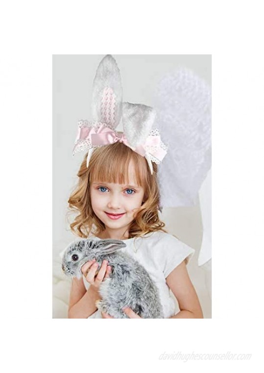 Easter Party Hair Accessory Headband Gothic Lolita Cosplay Cute Rabbit Bunny Ears Bow Lace Hair Band Headwear (Pink)