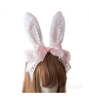 Easter Party Hair Accessory Headband Gothic Lolita Cosplay Cute Rabbit Bunny Ears Bow Lace Hair Band Headwear (Pink)
