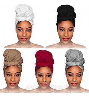 fani 5 Pieces Stretch Jersey Head Wrap Stretchy Knit Turban Headwraps Extra Long Hair Scarf Urban African Head Wrap Head Band Solid Color Ultra Breathable Soft Turban Tie for Women