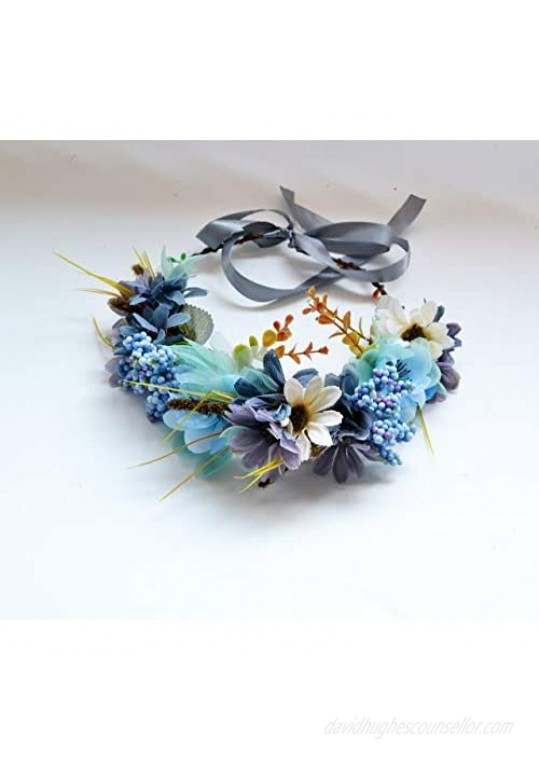 Floral Garland Crown Hair Wreath Flower Headband Halo Floral Headpiece Boho with Ribbon Wedding Party by Vivivalue