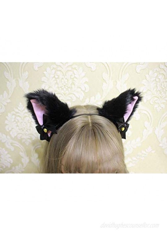 Fxaelian Animal Faux Fur Fox Cat Dog Ears Headband Halloween Cosplay Costume Party Headbands for Women Girls Adult Kids with Bell Black