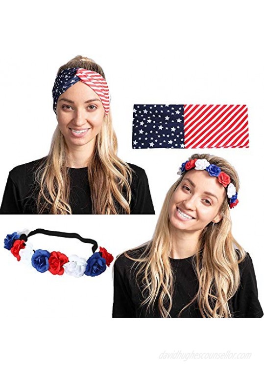 JOYIN 2 Pcs 4th of July Celebration Patriotic Accessories Including US American Flag Headband and Flower Headband for July 4th Independence Day Party Celebration