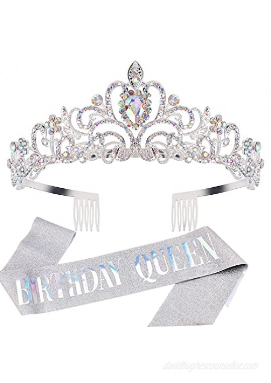 Silver Birthday Tiara and Sash for Women  Araluky HAPPY Birthday Crowns Comb Queen Sash Princess Crystal Headband Supplies Gifts for Girl Women with Fun Party Colorful Lettering