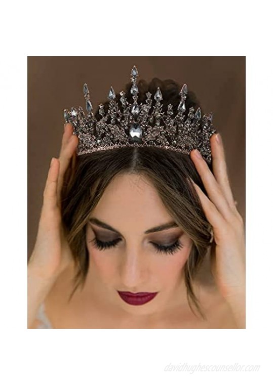 SWEETV Gothic Tiaras and Crowns for Women Black Queen Crown Goth Costume Tiara Crystal Birthday Quinceanera Pageant Prom Halloween Cosplay Headpieces