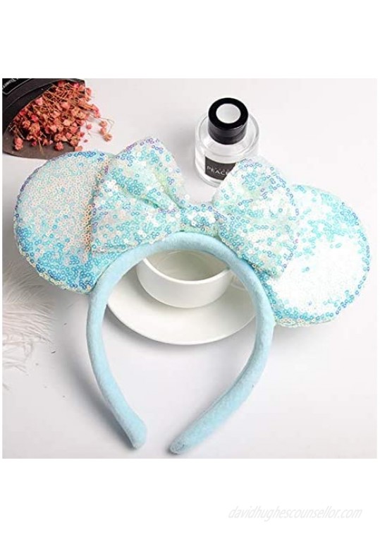 Unisex Minnie Mouse Ears Headbands With Bow & Sequins for Disney Cartoon Frozen Anna Aisha Princess Costume Cosplay Decoration Glitter Party for Girls & Women & Adult; FG1L (Soft Flannel Blue)