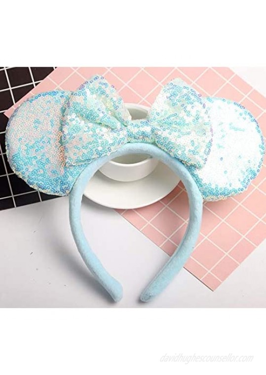 Unisex Minnie Mouse Ears Headbands With Bow & Sequins for Disney Cartoon Frozen Anna Aisha Princess Costume Cosplay Decoration Glitter Party for Girls & Women & Adult; FG1L (Soft Flannel Blue)