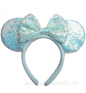 Unisex Minnie Mouse Ears Headbands With Bow & Sequins  for Disney Cartoon Frozen Anna Aisha Princess Costume Cosplay Decoration  Glitter Party for Girls & Women & Adult; FG1L (Soft Flannel Blue)