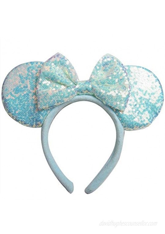 Unisex Minnie Mouse Ears Headbands With Bow & Sequins  for Disney Cartoon Frozen Anna Aisha Princess Costume Cosplay Decoration  Glitter Party for Girls & Women & Adult; FG1L (Soft Flannel Blue)