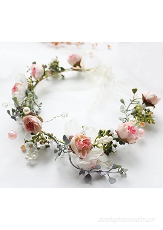 Vivivalue Boho Flower Headband Hair Wreath Floral Garland Crown Halo Headpiece with Ribbon Wedding Festival Party
