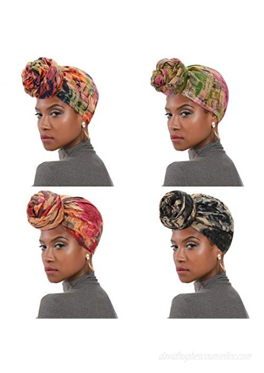 Womens Hair Wraps Turban African Pattern Head Wraps Scarf Headbands Fashion Caps for Women 4 Pack Black& Navy& Pink& Wind Red