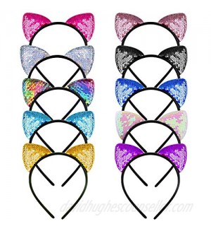 WXJ13 10 Pieces Cat Ears Headbands Reversible Sequins Headbands Have 2 Different Colors Hair Accessories for Girls and Women