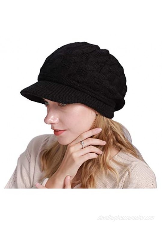 DRIONO Fleece Lined Newsboy Cap Hat Knitted Beanie with Brim Cloche Hat for Women