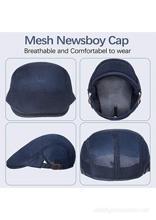 Geyoga 3 Pieces Mesh Newsboy Cap Mesh Breathable Summer Cap Adjustable Newsboy Beret Cap Cabbie Flat Cap