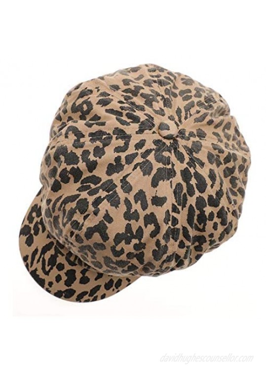 MIRMARU Women's Leopard Animal Printed Newsboy Visor Hat Baker Cabbie Cap with Elastic Back.