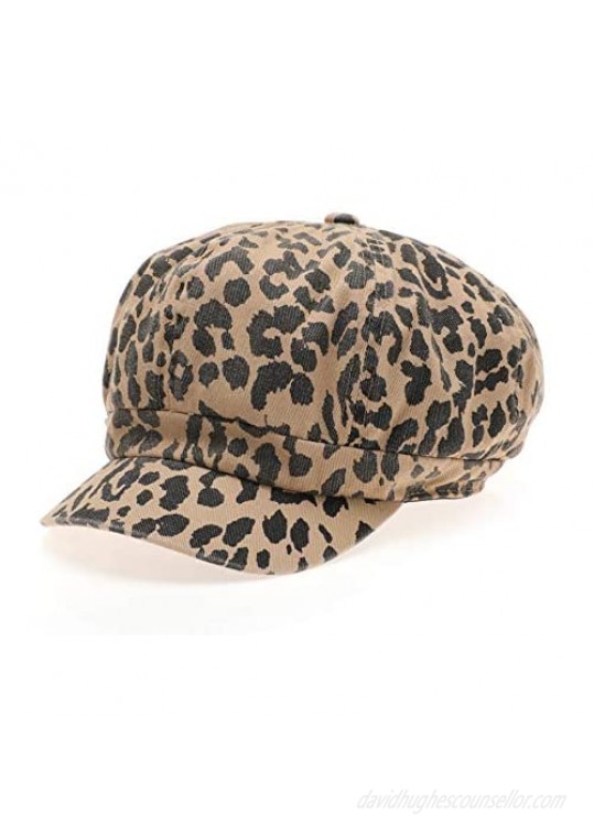 MIRMARU Women's Leopard Animal Printed Newsboy Visor Hat Baker Cabbie Cap with Elastic Back.