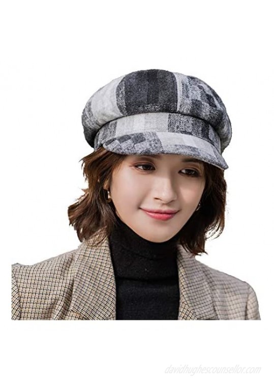 Plaid Womens Newsboy Cap Visor Beret Peaked Winter Fashion Cabbie Hat Lined