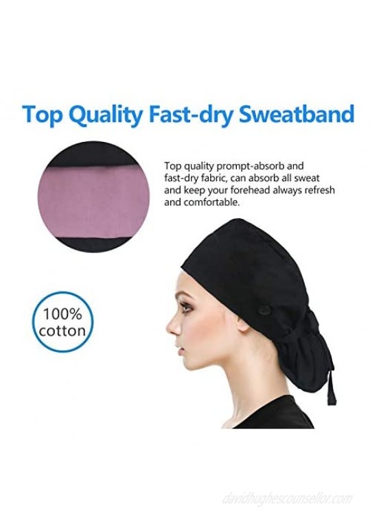 QBA Adjustable Working Cap with Button Long Hair Sweatband Cotton Ponytail Holder Tie Back Hats for Women & Men One Size