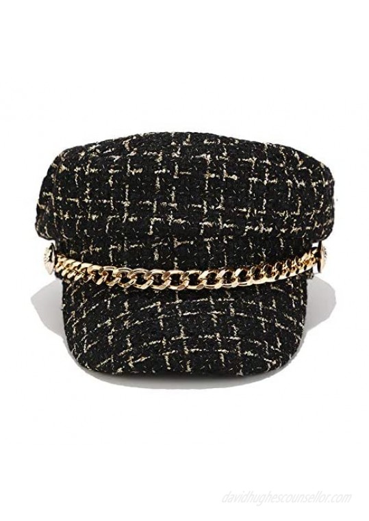 Women Plaid-Tweed Newsboy-Baker-Boy Hat Captain-Sailor Fisherman Hat Peaked-Beret with Chain