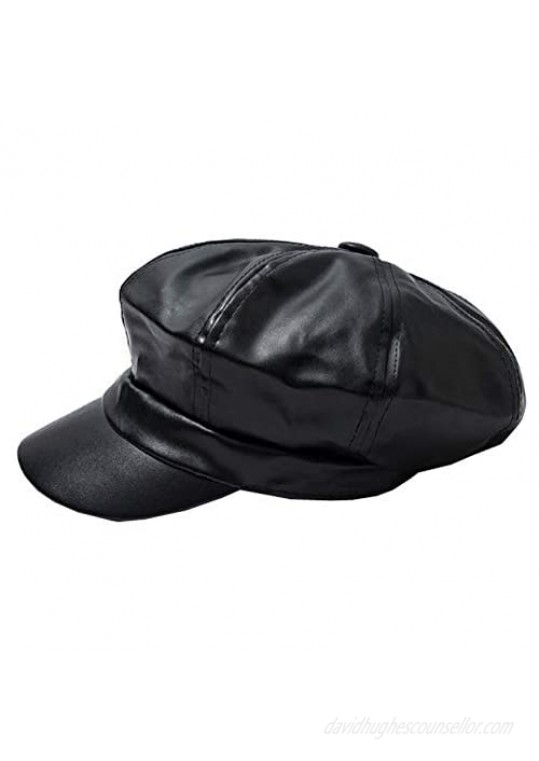 Women PU Leather Newsboy Cabbie Peaked Beret Cap Vintage Baker Boy Visor Hat