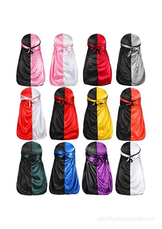 12 Pieces Silky Durag Two Tone Pirate Cap Long Tail Headwraps for Men and Women Silky Durag Hip-Hop Rapper Doo Rag Sleep Hat  12 Colors