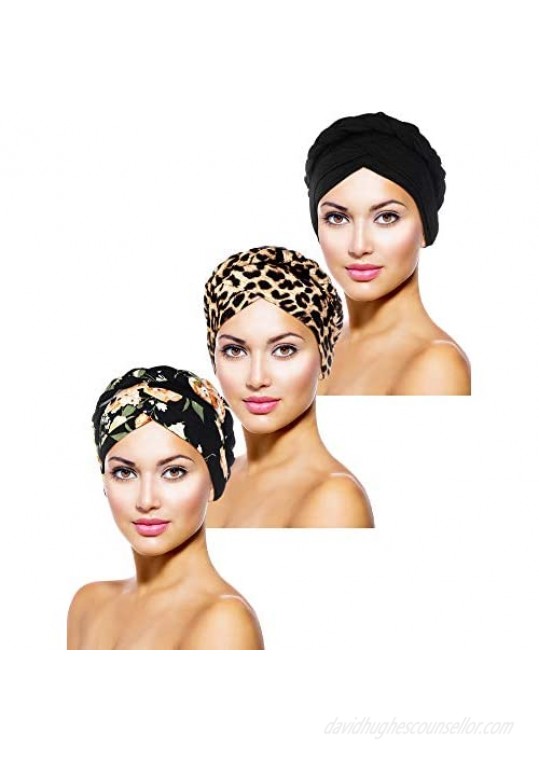 3 Pieces Women Turban Head Wrap Pre-Tied Bonnet Beanie Hat Sleeping Cap Headwrap