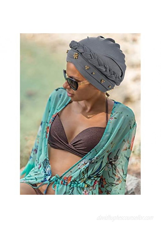 4 Pieces African Women Turban Cap Beaded Headscarf Beanie Twisted Braid Wrap Hat Faux Pearl Headwrap