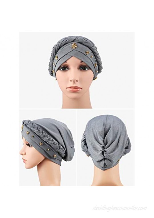 4 Pieces African Women Turban Cap Beaded Headscarf Beanie Twisted Braid Wrap Hat Faux Pearl Headwrap
