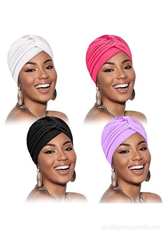 4 Pieces Stretch Polyester Turbans Head Beanie Cover Twisted Hat for Women Girl