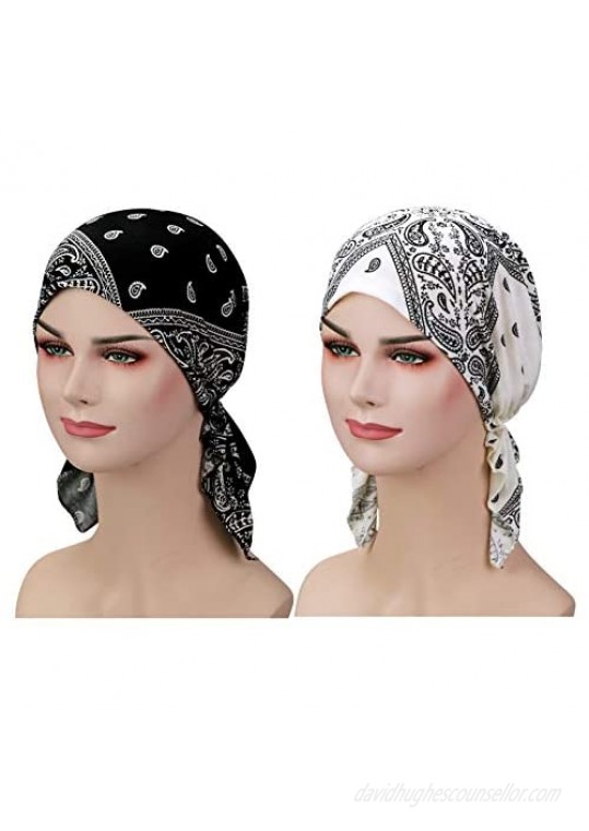 ASHILISIA 2 Pieces Women Chemo Hat Turban Beanie Pre-Tied Headwraps Headwear Bandana for Hair Loss