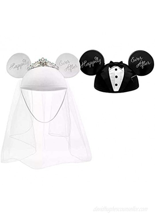 Disney Parks Mickey Mouse Wedding Groom and Bride Ears Hat Set - Happily Ever After
