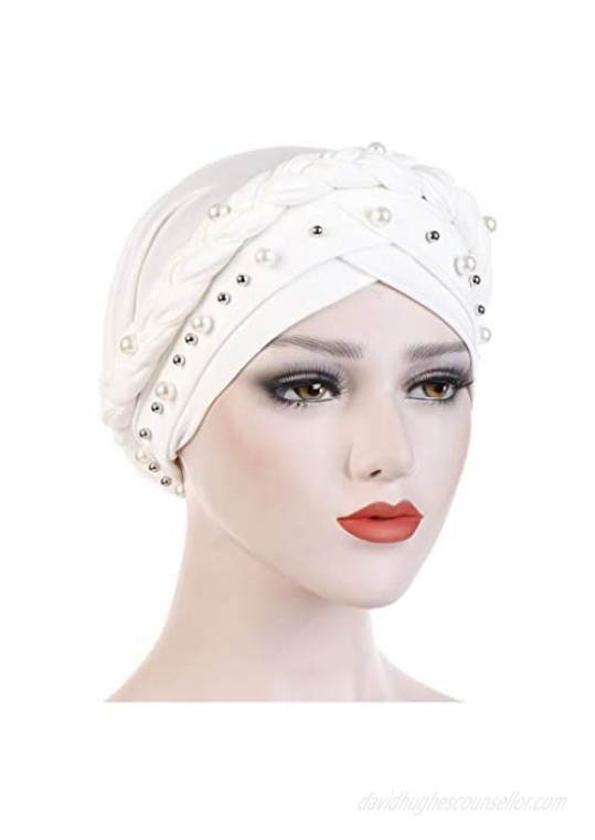 Fxhixiy Women Hijab Beading Pearl Braid Turban Hat Head Scarf Cancer Chemo Beanies Bandana Headwrap Cap
