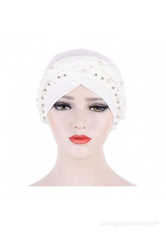 Fxhixiy Women Hijab Beading Pearl Braid Turban Hat Head Scarf Cancer Chemo Beanies Bandana Headwrap Cap