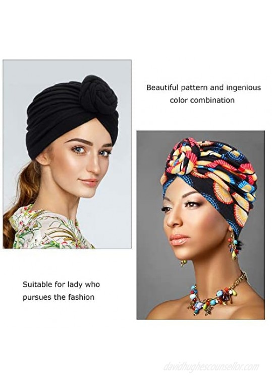 Mudder 3 Pieces African Turban for Women Pre-Tied Flower Knot Headwrap Beanie Bonnet Cap