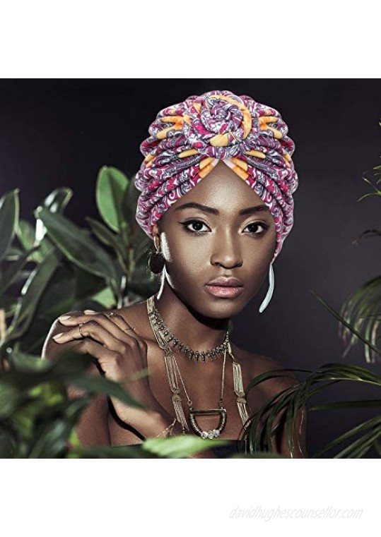 Mudder 3 Pieces African Turban for Women Pre-Tied Flower Knot Headwrap Beanie Bonnet Cap