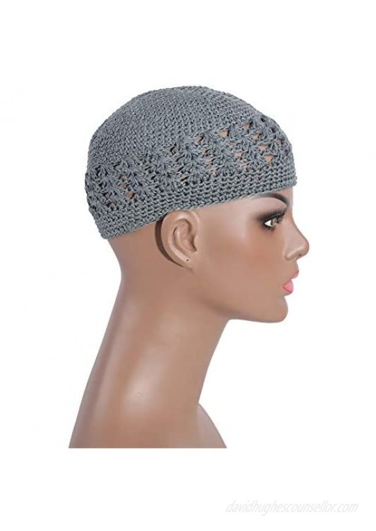 Qovelly 100% Cotton Lattice Crochet Knit Kufi Caps 3 Packed Skull Covers Hat(Set1)
