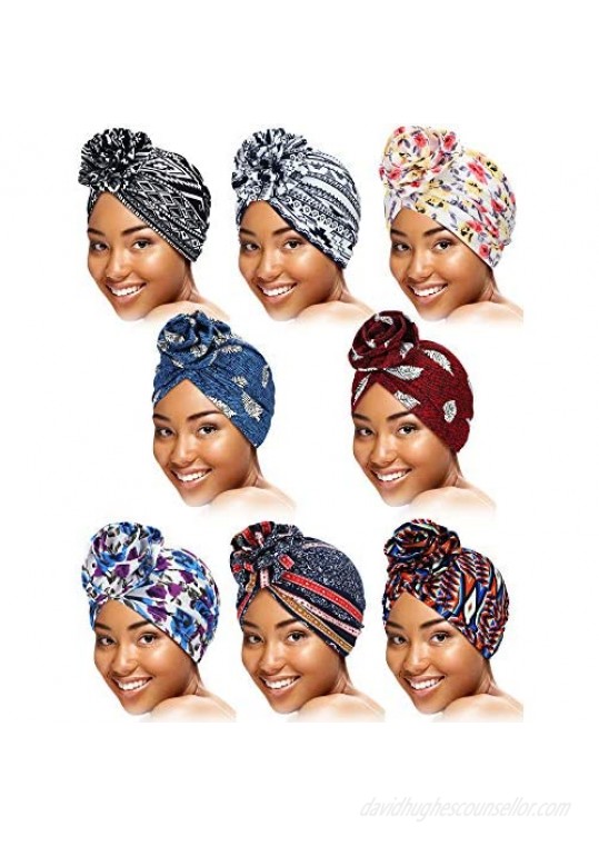 SATINIOR 8 Pieces Turbans African Pattern Knot Headwrap Bohemian Print Pre-Tied Flower Knot Bonnet Hats for Women Girls