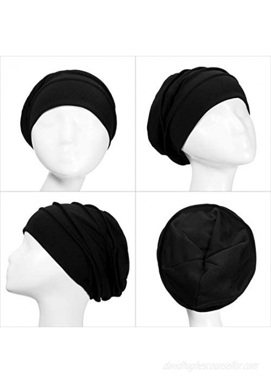 Syhood 3 Pieces Slouchy Beanies Hats Soft Sleep Cap Stretchy Sleeping Cap Elastic Hair Wrap Headwear for Women Black Brown Beige