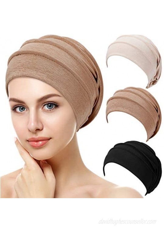Syhood 3 Pieces Slouchy Beanies Hats Soft Sleep Cap Stretchy Sleeping Cap Elastic Hair Wrap Headwear for Women Black Brown Beige