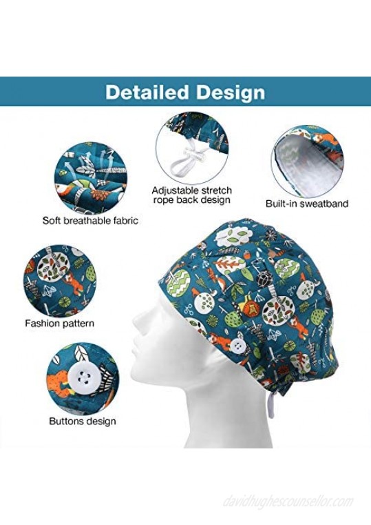 Syhood 6 Pieces Button Bouffant Hats Adjustable Printed Sweatband Caps for Women Men