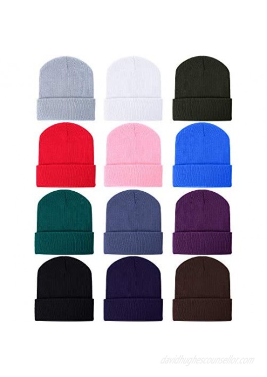 Zhanmai 12 Pieces Knit Hat Beanie Hats Warm Cozy Knitted Cuffed Skull Cap for Adults Kids