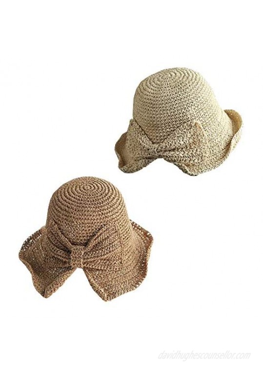 2 Pack Foldable Wide Brim Floppy Straw Sun Hat Summer Beach Hat for Women Girl