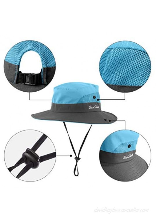 2 Pieces Womens Ponytail UV Protection Sun Hat Packable Wide Brim Boonie Cap for Fishing Hiking