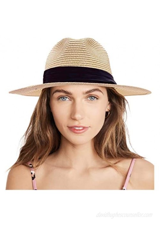 accsa Women Classic Wide Brim Sun Hat Summer Straw Hat for Beach Travel Black Band Panama Hat UPF 50+ Foldable
