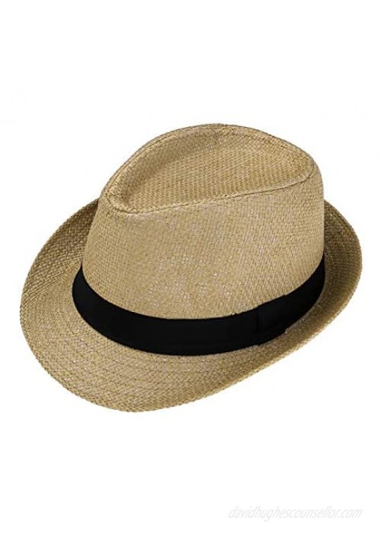 FALETO Unisex Summer Panama Straw Fedora Hat Short Brim Beach Sun Cap Classic