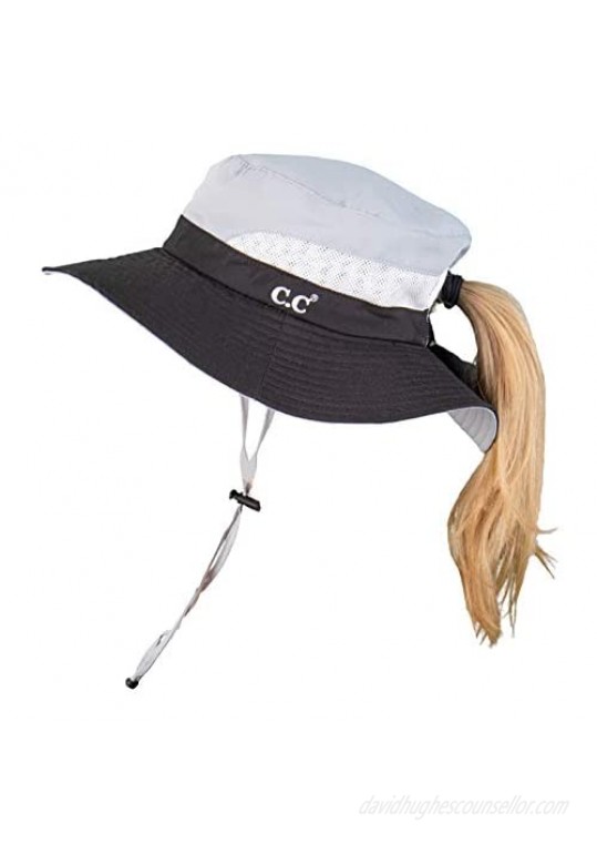 Funky Junque Ponytail Bucket Hat UPF 50+ Messy Bun Sun Hat Wide Brim Mesh Cap