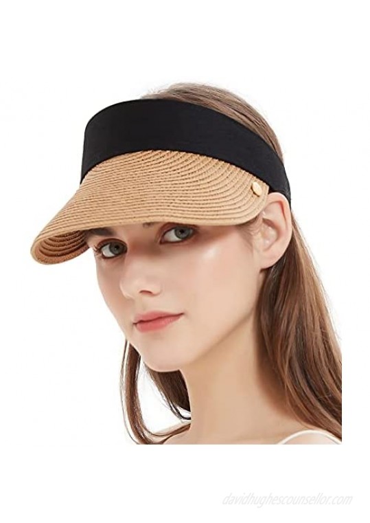 Giolshon Women's Roll Up Foldable Sun Hat Wide Brim Straw Beach Cap Loop Closure and Adjustable Golf Visor